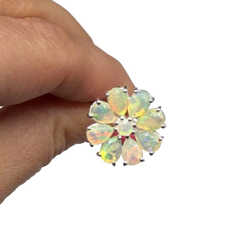 Ethiopian Fire Opal Flower Ring Solid 925 Sterling Silver Size 10 - Picture 7 of 10